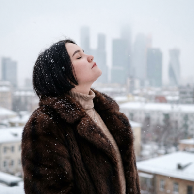 Фото в шубе на фоне снежного города